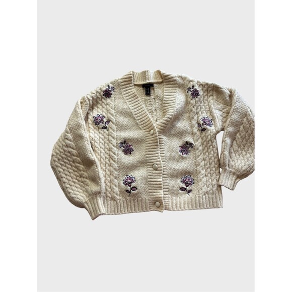 Ivory Floral Embroidered Oversized Chunky Cardigan Sweater Cottage Girlhood  M - Picture 2 of 8